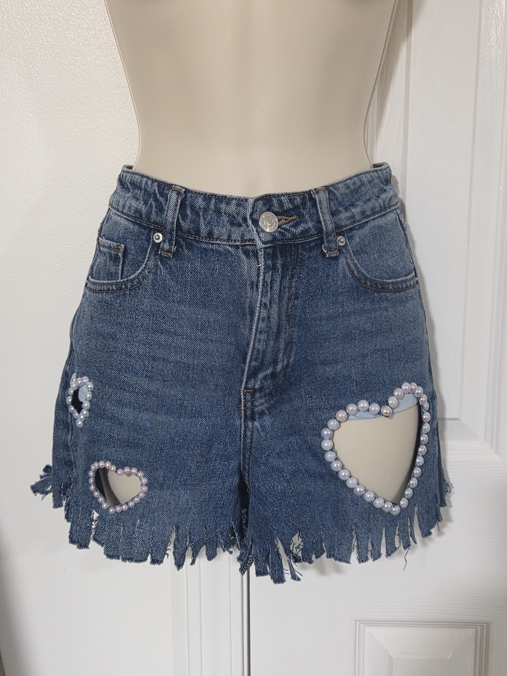 Ashley Mason Blue Denim Heart-Applique Pearl Fringe Shorts